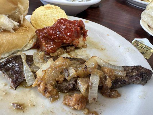 Liver and onions, a bit of meatloaf and rolls and cornbread