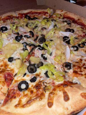 Pineapple, black olive, onion, banana peppers