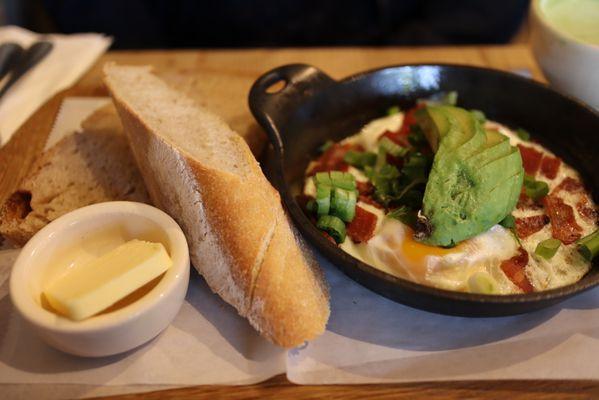 Skillet baked eggs with bacon and scallion plus avocado