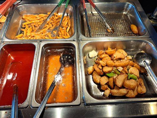 French Fries, buttered Potatoes, black pepper shrimp (missing) and sweet sour & orange sauces yummy