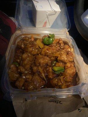 General Tso chicken, already started eating, photo taken in car