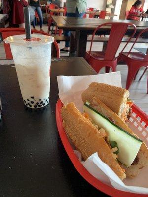 Green Milk Tea and Chargrilled BBQ Pork Sandwich