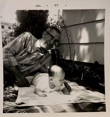 Granddad Reece with little Jonny in the backyard in Walla Walla