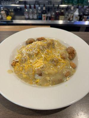 The Stoner bowl, With mashed potatoes gravy popcorn chicken and shredded cheese