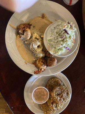 Blackened Catfish topped with Shrimp.