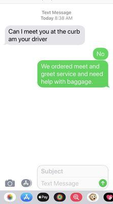 Text Message From Booked Meet and Greet Driver