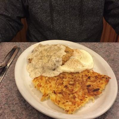 Andrew's regular, CFS, 2 eggs over easy and extra crispy hash browns.