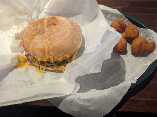 Double cheese burger with cheddar. Shared side of mushrooms.