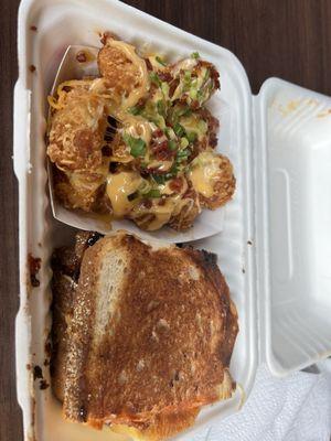 Combo half grilled cheese, half grilled pb&j with tots