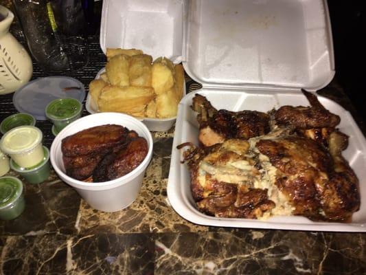 WHOLE CHICKEN WITH 2 SIDES! And golden fried yuca and plantains!