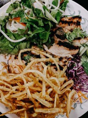 Green papaya fritters and deconstructed chicken lettuce wrap