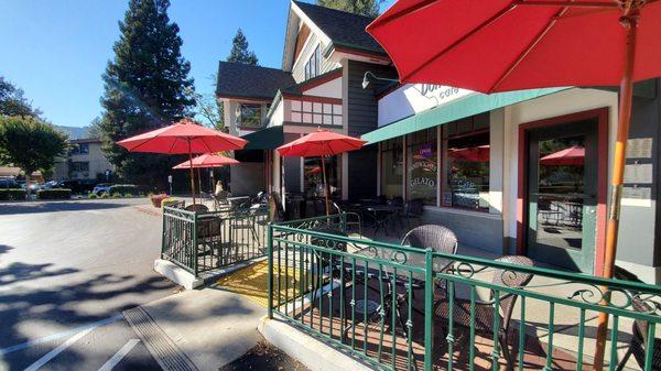 Outdoor patio in front of building