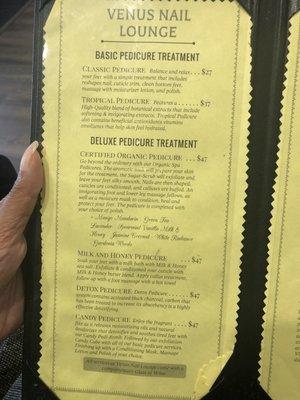 Pedicure menu