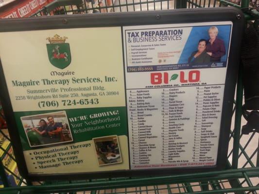 List on shopping carts that displays what items are on which aisle, very helpful!