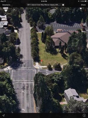 Birds eye view (facing south) of the intersection. The church is on the top right.