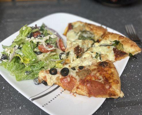 Antipasto salad, Mediterranean Pizza and sausage olive pep pizza