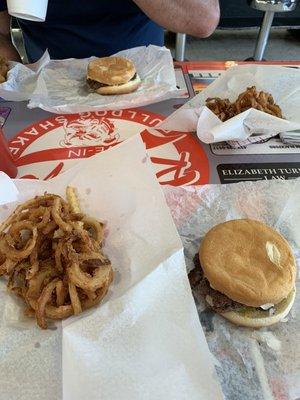 Single cheese burger and rings