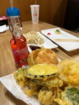 Tempura veggies, strawberry soda.