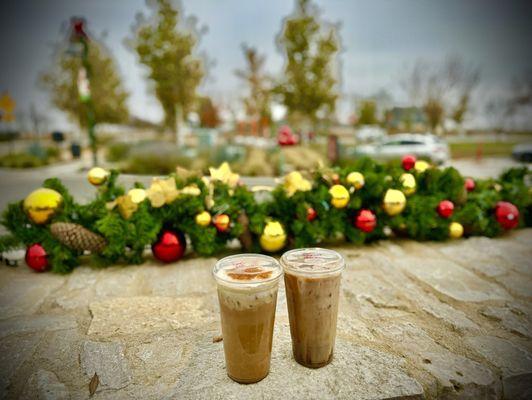 Cinnamon Roll iced soy latte & Dasher's Mocha oatmilk (salted caramel). They are both really good.