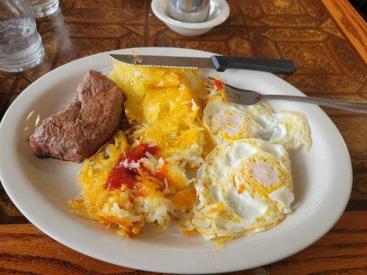 Steak and eggs cooked perfectly