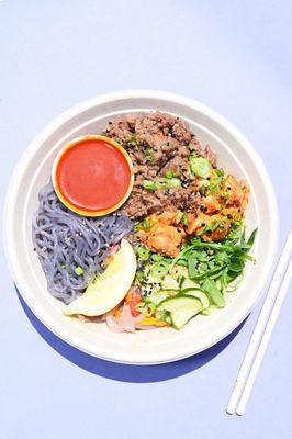 Meat Lovers bowl with sweet potato noodle base.