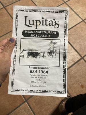 Front menu with Restaurant information