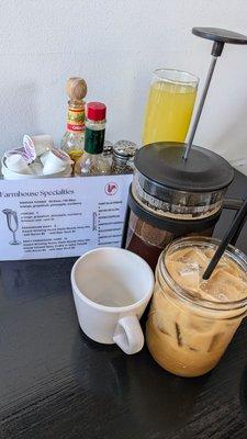 Drink menu, French press coffee, cold brew and mimosa