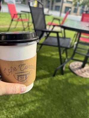 Hot Chai Latte on the patio