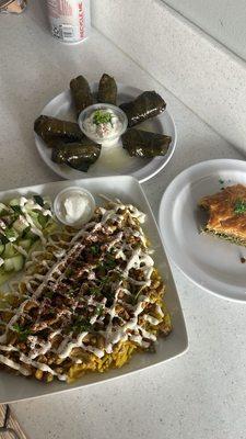 Rice plate, Dolmas, and Baklava