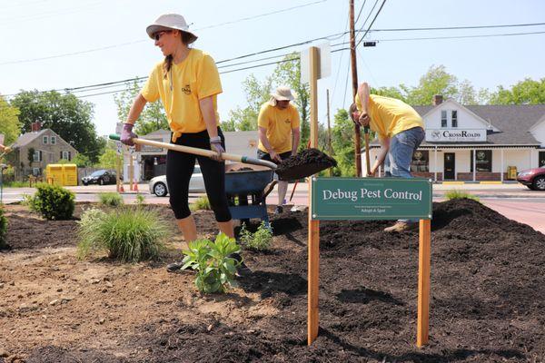 Planting the Chepachet roundabout pollinator (for bees) garden in 2018.