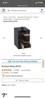 Relay cost and it just take it out old one and put new one in fuse box which takes 5 min