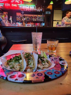 Chicken tacos and a shot of Roe&Co. Whiskey