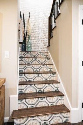 Modern and eclectic entryway foyer stair renovation in Framingham