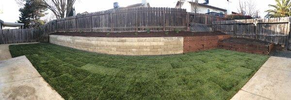 New sprinkler system and sod, new wood retaining wall, new garden box, new planter area above retaining wall