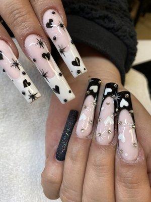 Amazing black and white Valentine's nail theme done by Andy.