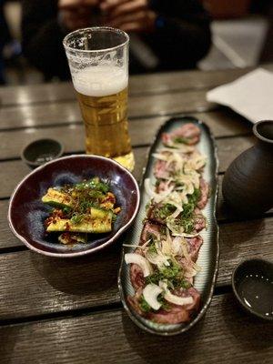 Spicy cucumber and gyu tataki