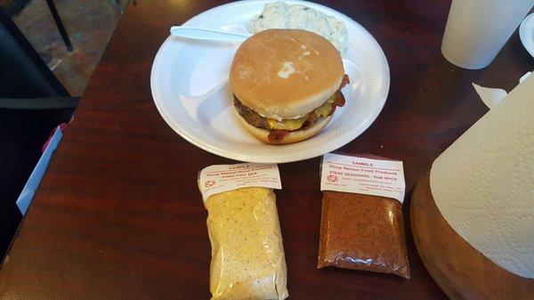 Wife's double cheeseburger and potato salad. Samples of steak seasoning and fish fry seasoning.