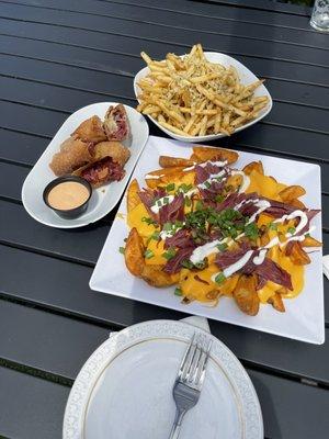 Irish nachos, Ruben egg rolls & garlic fries