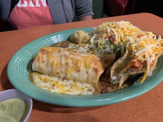 Grande Combination, Pork Carnitas Burrito, Deep Fried Ground Beef Taco, Been & Cheese Tostada