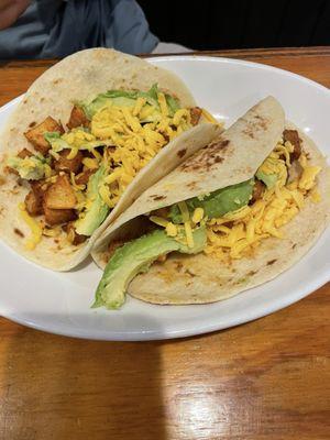 Breakfast tacos with chorizo and avocado