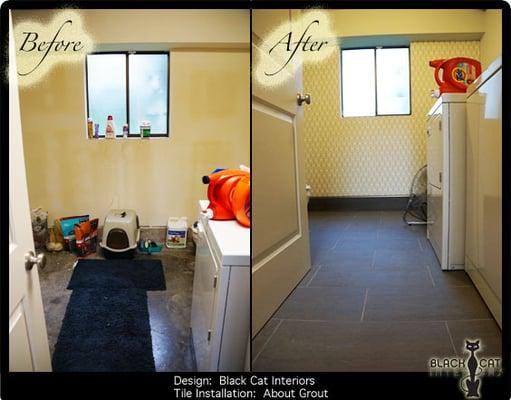 Before and after photos.  Design by Black Cat Interiors (www.blackcatinteriors.com).  Tile Installation by About Grout.