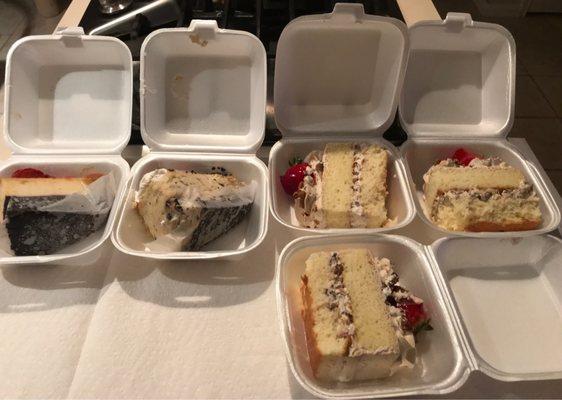 3 on Right-Mocha Tres Leches with pecans, next on left Cheesecake with Oreo cookies inside. Far left is Flan with Choclate Cake on bottom.