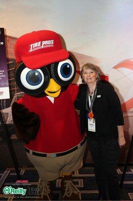 Shirley Wiseman Fogleman, Operations Manager, with Hootie, Tire Pros mascot