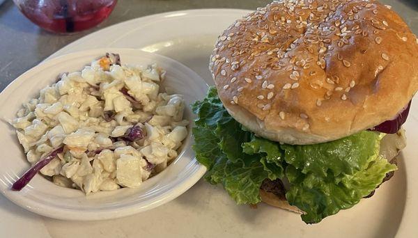 Brisket burger!  Fully dressed and tasty!  Coleslaw rather than fries.