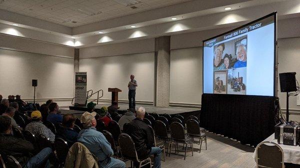 Conference room rear projection at National Farm Machinery Show -2020. This is Greg Peterson aka Machinery Pete.