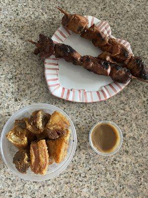 Lechon and barbecue chicken skewers