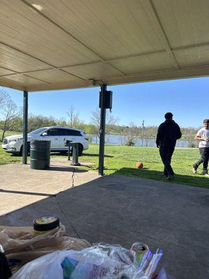 At a shelter in the park. Great views on the water