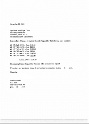 Letter to Lyndhurst Municipal Court.  2nd Request for Records. Signature redacted,