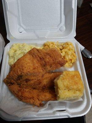 Fried catfish with mac & cheese and potato salad. So good.