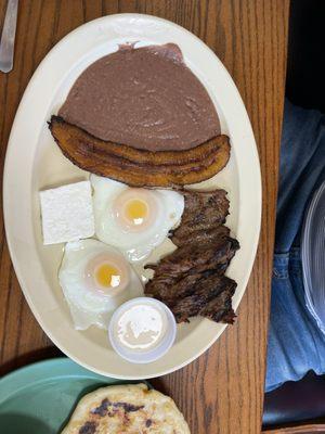 Desayuno Mi Cantón- Carne asada, refried beans, fried plantain, 2 eggs, small block of cheese & crema salvadorena!